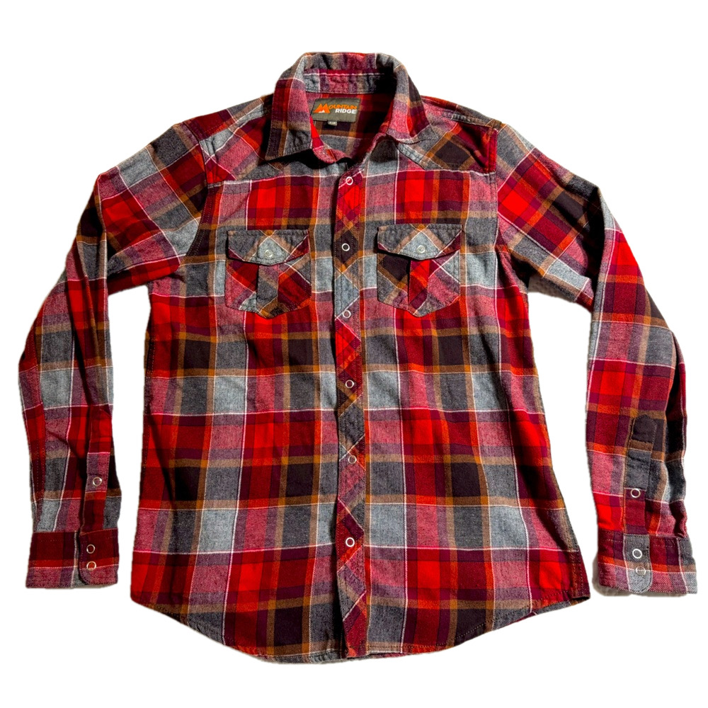 Mountain Ridge Double Chest Pockets Snaps Men Small Classic Red Plaid Shirt